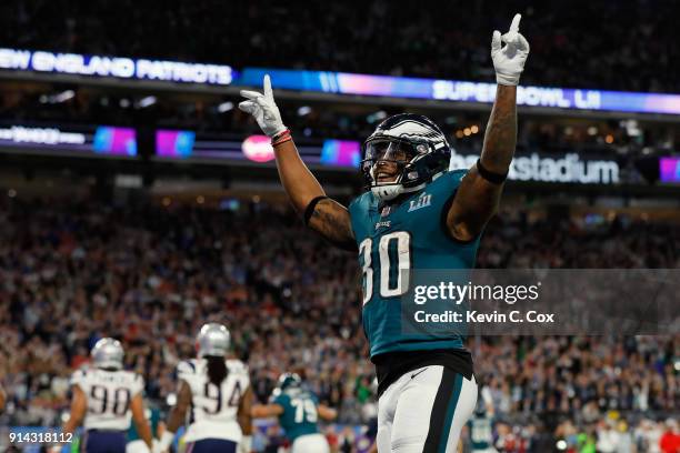 Corey Clement of the Philadelphia Eagles celebrates the play against the New England Patriots during the second quarter in Super Bowl LII at U.S....