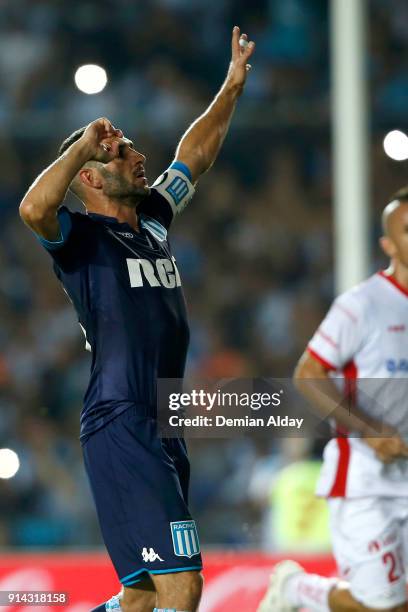 Lisandro Lopez of Racing Club celebrates after scoring the second goal of his team during a match between Racing Club and Huracan as part of...