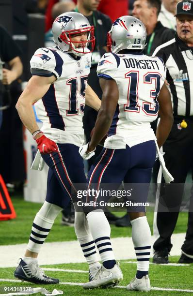 Chris Hogan and Phillip Dorsett of the New England Patriots celebrate during the second quarter against the Philadelphia Eagles in Super Bowl LII at...