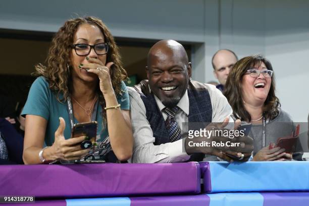 Patricia Southall and former NFL running back Emmit Smith look on during the second quarter of Super Bowl LII between the New England Patriots and...