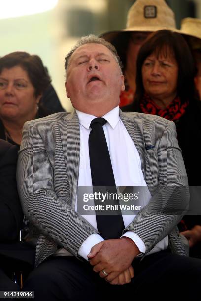 Shane Jones of New Zealand First during the powhiri at Te Whare Runanga on the Waitangi Treaty Grounds on February 5, 2018 in Waitangi, New Zealand....