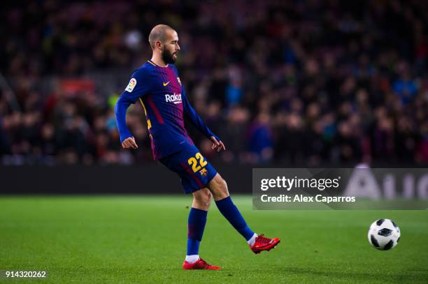 Aleix Vidal of FC Barcelona plays the ball during the Copa del Rey semi-final first leg match between FC Barcelona and Valencia CF at Camp Nou on...