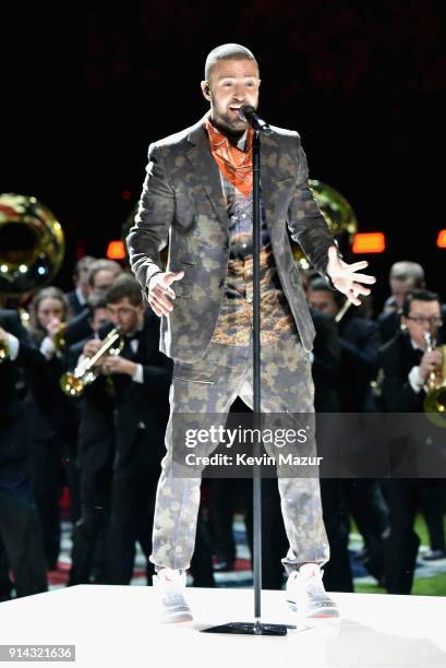 Recording artist Justin Timberlake performs onstage during the Pepsi Super Bowl LII Halftime Show at U.S. Bank Stadium on February 4, 2018 in...