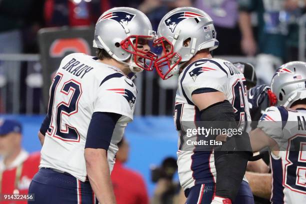 Tom Brady and Rob Gronkowski of the New England Patriots celebrate a 5-yard touchdown against the Philadelphia Eagles in the third quarter of Super...