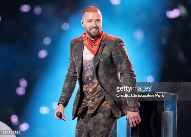 Recording artist Justin Timberlake performs onstage during the Pepsi Super Bowl LII Halftime Show at U.S. Bank Stadium on February 4, 2018 in...