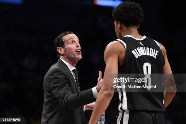 Head Coach Kenny Atkinson and Spencer Dinwiddie of the Brooklyn Nets react during the game against the Los Angeles Lakers at Barclays Center on...