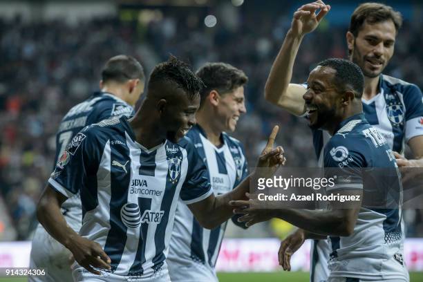 Aviles Hurtado of Monterrey celebrates with teammates after scoring his team's first goal during the 5th round match between Monterrey and Leon as...
