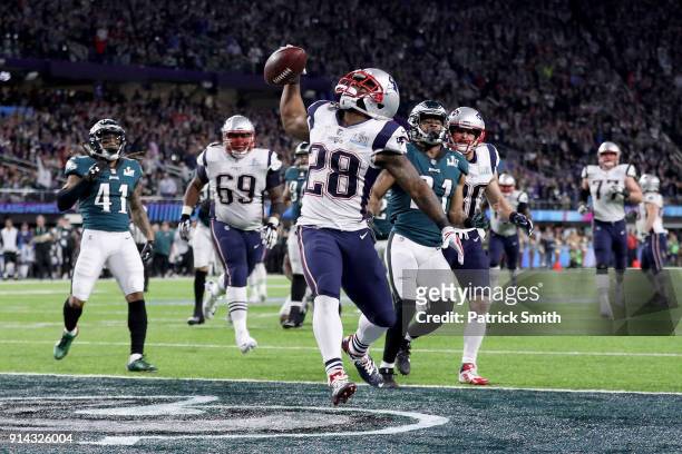 James White of the New England Patriots reacts after a 26-yard touchdown run against the Philadelphia Eagles during the second quarter in Super Bowl...
