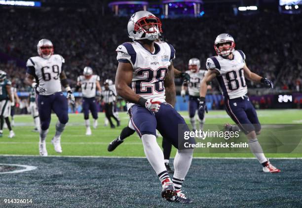 James White of the New England Patriots reacts after a 26-yard touchdown run against the Philadelphia Eagles during the second quarter in Super Bowl...