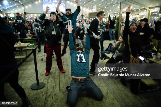 Philadelphia Eagles fans celebrate the first touchdown during the first quarter of the Super Bowl LII, played between the New England Patriots and...