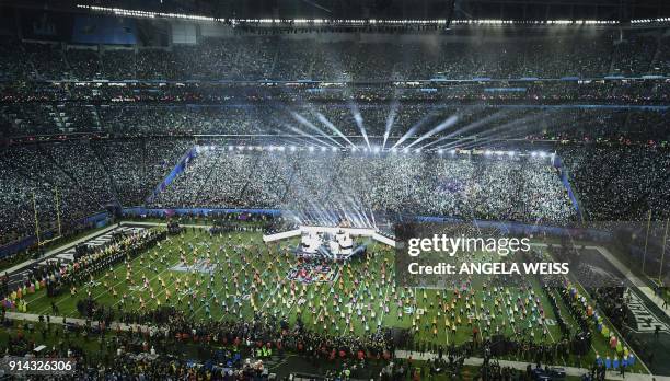 Singer Justin Timberlake performs during the halftime show of Super Bowl LII at US Bank Stadium in Minneapolis, Minnesota, on February 4, 2018. / AFP...