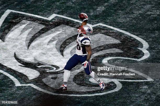 James White of the New England Patriots reacts after a 26-yard touchdown run against the Philadelphia Eagles during the second quarter in Super Bowl...