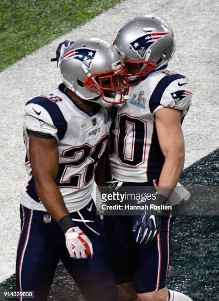 James White of the New England Patriots celebrates a 26-yard touchdown against the Philadelphia Eagles during the second quarter in Super Bowl LII at...