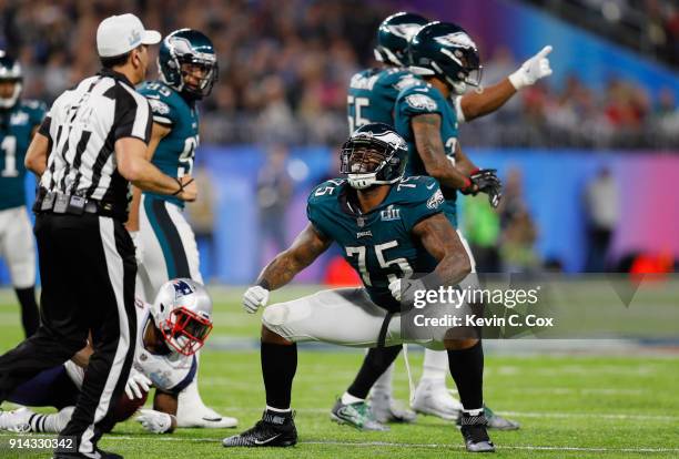 Vinny Curry of the Philadelphia Eagles celebrates the play against the New England Patriots during the third quarter in Super Bowl LII at U.S. Bank...