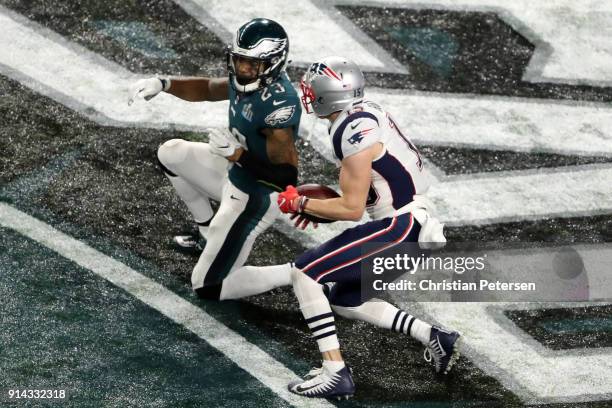 Chris Hogan of the New England Patriots scores a 26-yard touchdown reception in the third quarter of Super Bowl LII against the Philadelphia Eagles...