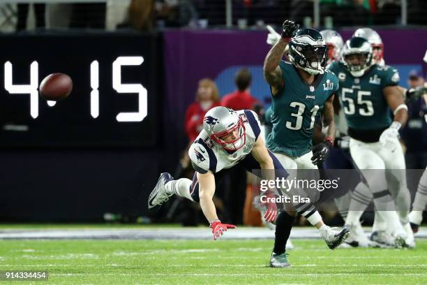 Chris Hogan of the New England Patriots attempts a catch against Jalen Mills of the Philadelphia Eagles in the second quarter of Super Bowl LII at...