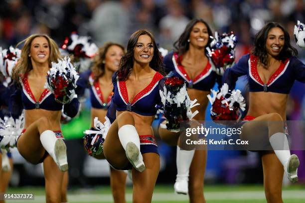 New England Patriots cheerleaders perform during Super Bowl LII against the Philadelphia Eagles at U.S. Bank Stadium on February 4, 2018 in...