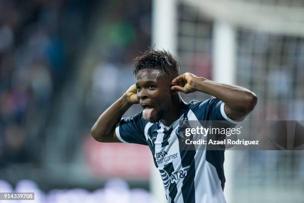 Aviles Hurtado of Monterrey celebrates after scoring his team's fourth goal during the 5th round match between Monterrey and Leon as part of the...