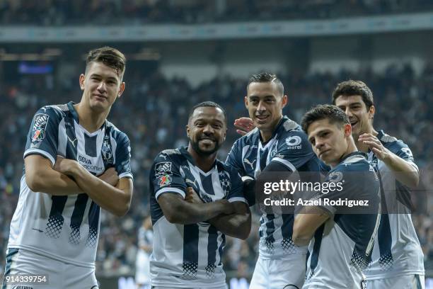 Arturo Gonzalez of Monterrey celebrates with teammates after scoring his team's third goal during the 5th round match between Monterrey and Leon as...