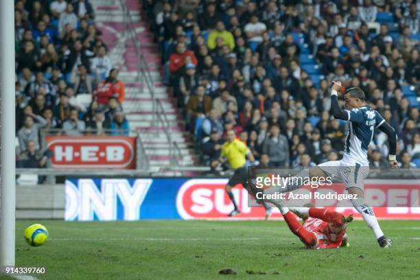 Rogelio Funes Mori of Monterrey scores his team's second goal during the 5th round match between Monterrey and Leon as part of the Torneo Clausura...