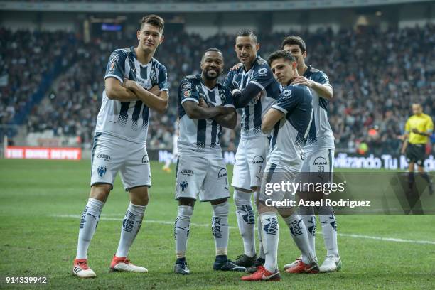 Arturo Gonzalez of Monterrey celebrates with teammates after scoring his team's third goal during the 5th round match between Monterrey and Leon as...