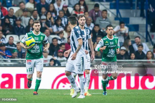 Elias Hernandez of Leon reacts after scoring his team's first goal during the 5th round match between Monterrey and Leon as part of the Torneo...