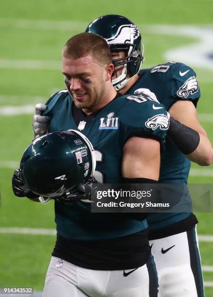 Zach Ertz of the Philadelphia Eagles celebrates his 11 yard touchdown catch with teammate Trey Burton during the fourth quarter against the New...