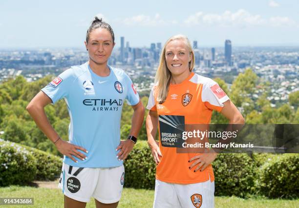 Kyah Simon of Melbourne City and Tameka Butt of Brisbane Roar pose for a photo during the official launch of the W-League Finals Series at Brisbane...