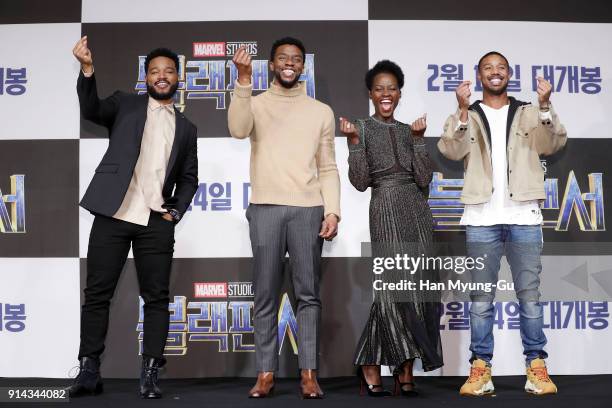 Director Ryan Coogler, Actor Chadwick Boseman, Lupita Nyong's and Michael B. Jordan attend the press conference for the Seoul premiere of 'Black...