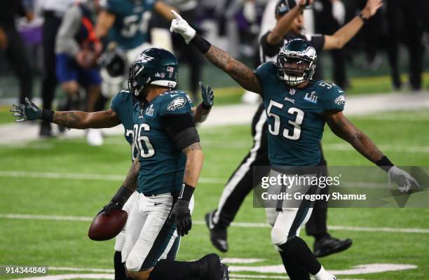 Derek Barnett of the Philadelphia Eagles celebrates recovering a fumble with Patrick Robinson and Nigel Bradham during the fourth quarter against the...