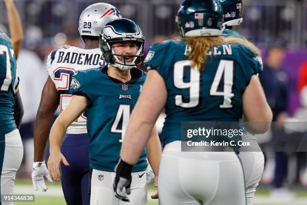 Jake Elliott of the Philadelphia Eagles celebrate the play during the fourth quarter against the New England Patriots in Super Bowl LII at U.S. Bank...