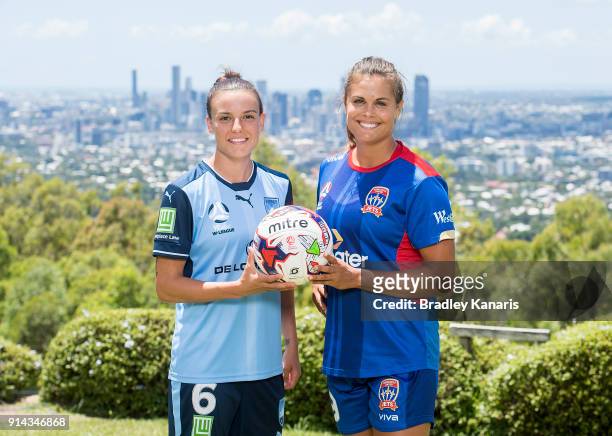 Chloe Logarzo of Sydney FC and Katie Stengel of Newcastle Jets pose for a photo during the official launch of the W-League Finals Series at Brisbane...