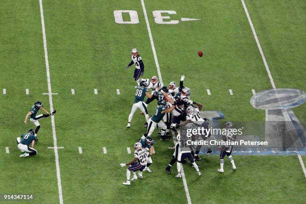 Jake Elliott of the Philadelphia Eagles kicks a 46-yard field goal against the New England Patriots in the fourth quarter of Super Bowl LII at U.S....