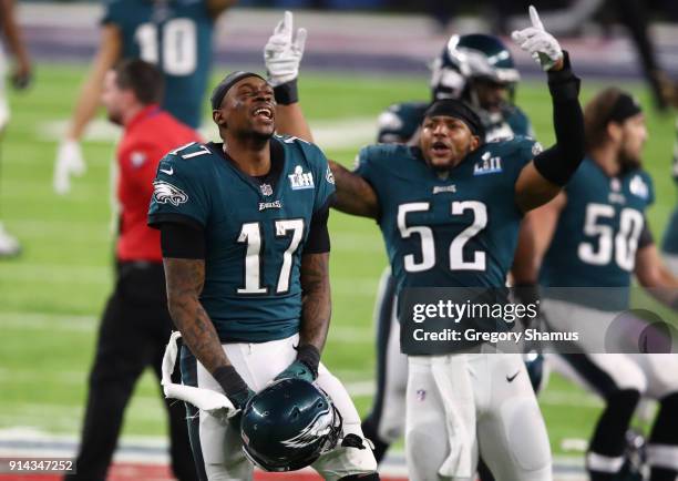 Alshon Jeffery and Najee Goode of the Philadelphia Eagles celebrate defeating the New England Patriots 41-33 in Super Bowl LII at U.S. Bank Stadium...