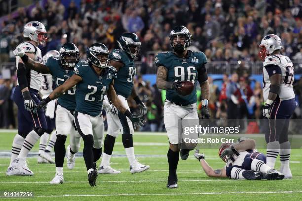 Derek Barnett of the Philadelphia Eagles is congratulated by his teammates after recovering a fumble late in the fourth quarter against the New...