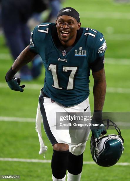 Alshon Jeffery of the Philadelphia Eagles celebrates defeating the New England Patriots 41-33 in Super Bowl LII at U.S. Bank Stadium on February 4,...