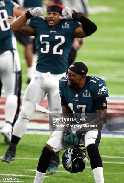 Alshon Jeffery and Najee Goode of the Philadelphia Eagles celebrate defeating the New England Patriots 41-33 in Super Bowl LII at U.S. Bank Stadium...