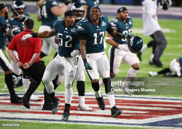 Alshon Jeffery and Najee Goode of the Philadelphia Eagles celebrate defeating the New England Patriots 41-33 in Super Bowl LII at U.S. Bank Stadium...