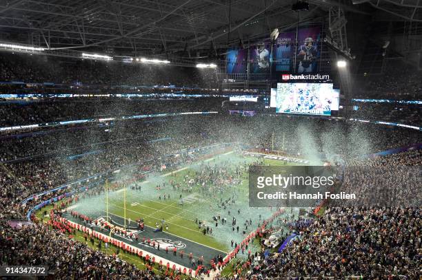 The Philadelphia Eagles celebrate after defeating the New England Patriots 41-33 in Super Bowl LII at U.S. Bank Stadium on February 4, 2018 in...