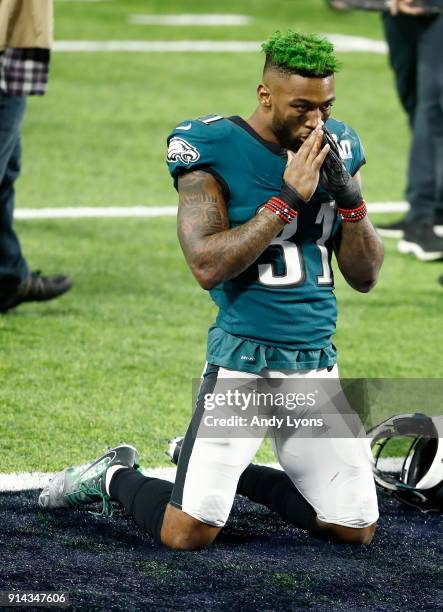 Jalen Mills of the Philadelphia Eagles celebrates after defeating the New England Patriots 41-33 in Super Bowl LII at U.S. Bank Stadium on February...