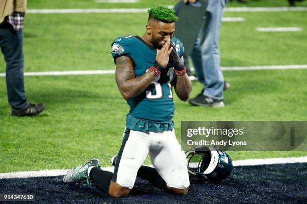 Jalen Mills of the Philadelphia Eagles celebrates after defeating the New England Patriots 41-33 in Super Bowl LII at U.S. Bank Stadium on February...