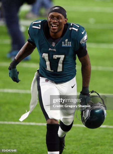 Alshon Jeffery of the Philadelphia Eagles celebrates defeating the New England Patriots 41-33 in Super Bowl LII at U.S. Bank Stadium on February 4,...