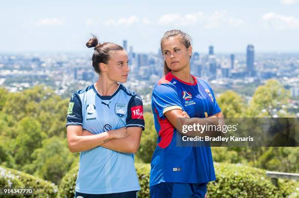 Chloe Logarzo of Sydney FC and Katie Stengel of Newcastle Jets pose for a photo during the official launch of the W-League Finals Series at Brisbane...