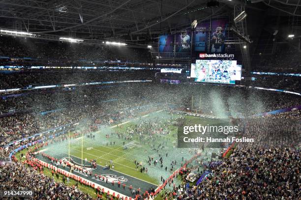 The Philadelphia Eagles celebrate after defeating the New England Patriots 41-33 in Super Bowl LII at U.S. Bank Stadium on February 4, 2018 in...