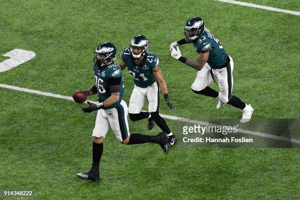 Derek Barnett of the Philadelphia Eagles celebrates with teammates after a fumble by Tom Brady of the New England Patriots during the fourth quarter...