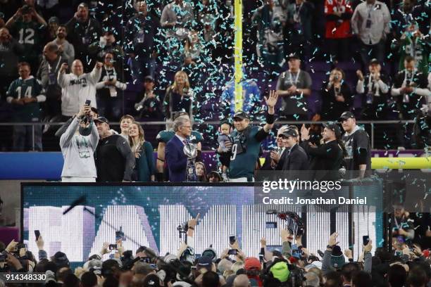 Nick Foles of the Philadelphia Eagles celebrates with the Vince Lombardi Trophy and his daughter Lily Foles after the Eagles defeated the New England...