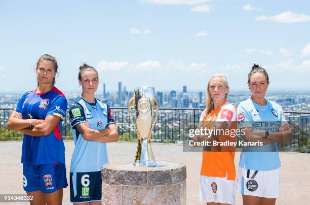 Katie Stengel of Newcastle Jets, Chloe Logarzo of Sydney FC, Tameka Butt of Brisbane Roar and Kyah Simon of Melbourne City pose for a photo during...