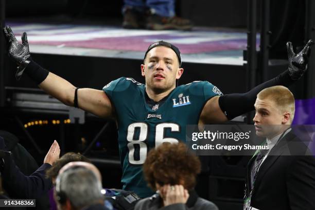 Zach Ertz of the Philadelphia Eagles celebrates defeating the New England Patriots 41-33 in Super Bowl LII at U.S. Bank Stadium on February 4, 2018...