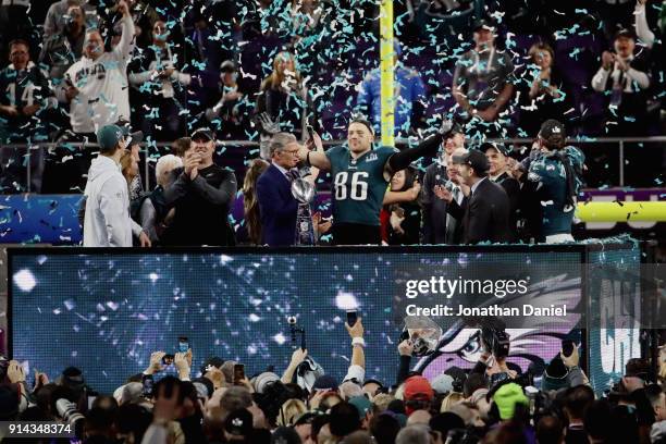 Zach Ertz of the Philadelphia Eagles celebrates with the Vince Lombardi Trophy after the Eagles defeated the New England Patriots in Super Bowl LII...