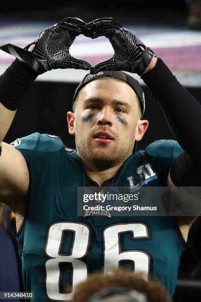 Zach Ertz of the Philadelphia Eagles celebrates defeating the New England Patriots 41-33 in Super Bowl LII at U.S. Bank Stadium on February 4, 2018...